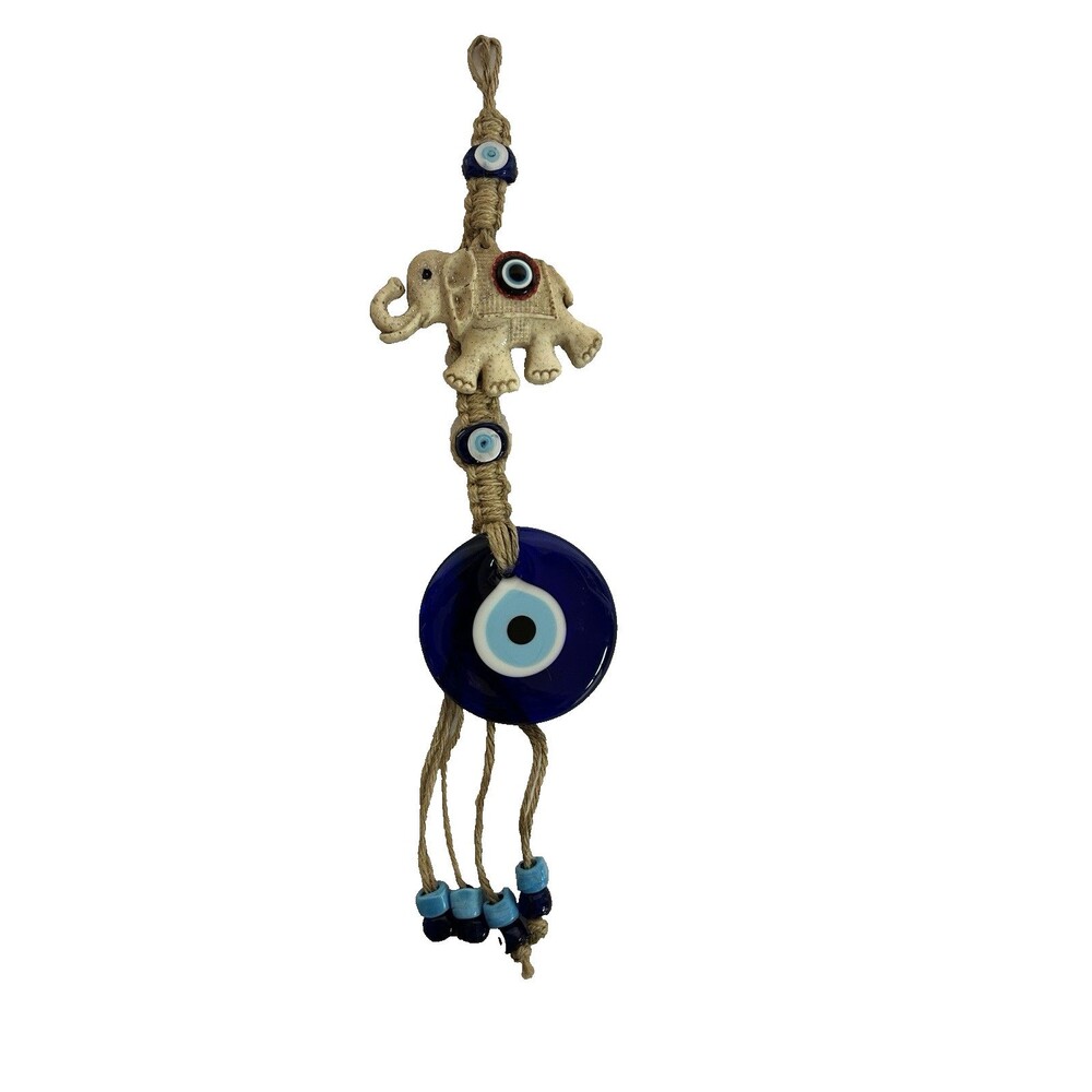 3" Glass Blue Evil Eye 16" Wall Hanging Ornament Elephant Macrame Beads Turkish